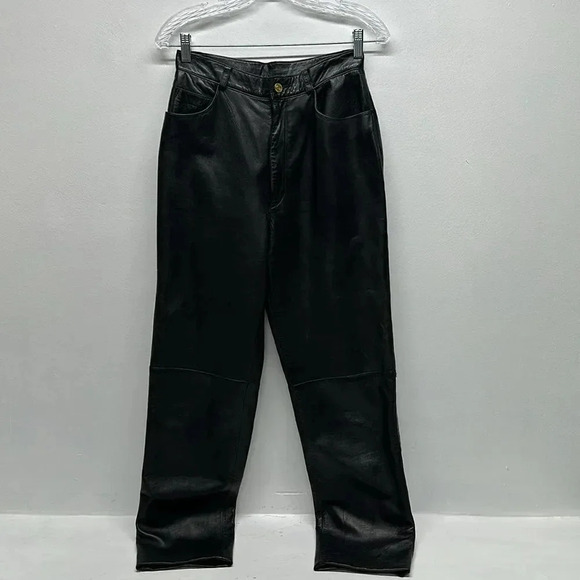 St John Sport Genuine Leather Straight Leg Trouser Pants Pant Black Women Size 6 - Picture 1 of 14
